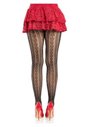Leg Avenue Sweetheart Striped Net Tights OS Black Red worn with a red ruffled skirt and red high heels.