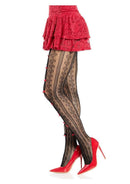 Leg Avenue Sweetheart Striped Net Tights OS Black Red worn with a red skirt and matching high heels, profile view.