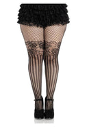 Leg Avenue Illusion Lace Top Net Striped Tights 1X 2X Black worn with a ruffled skirt and high heels.
