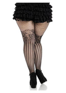 Leg Avenue Illusion Lace Top Net Striped Tights 1X 2X Black worn with a ruffled black skirt and heels.