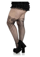 Leg Avenue Illusion Lace Top Net Striped Tights 1X 2X Black worn with a skirt and heels, showcasing a stylish layered look.