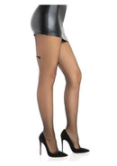 Leg Avenue Spandex Sheer Sword Backseam Tights OS Black showcased on a model wearing a mini skirt and high heels.