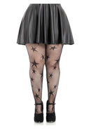 Leg Avenue Star Net Tights 1X 2X Black worn with a black skater skirt and heels, featuring a star-patterned design.
