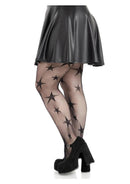 Leg Avenue Star Net Tights 1X 2X Black featuring star-patterned net design paired with a stylish black skirt.