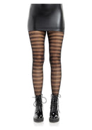 Leg Avenue Horizontal Striped Net Tights OS Black worn with a black mini dress and stylish lace-up boots.