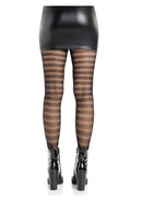 Leg Avenue Horizontal Striped Net Tights OS Black shown with a black mini skirt and heeled boots from the back.