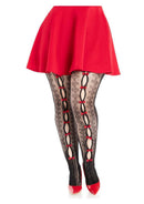 Leg Avenue Sweetheart Striped Net Tights 1X 2X Black Red worn with a red skirt and stylish heels, showcasing a seductive design.