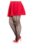 Leg Avenue Sweetheart Striped Net Tights 1X 2X Black Red worn with a red skirt and high heels.