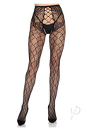 Leg Avenue Faux Layer Net Tights with Crotchless Panty Black featuring a bold net pattern and floral design.