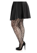 Leg Avenue Leopard Net Tights 1X 2X Black showcased with a black skirt and high heels, featuring a bold leopard net design.