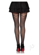 Leg Avenue Gilded Grid Net Tights with Bow Lace Top Black worn under a flared black skirt, showcasing stylish fishnet design.