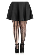 Leg Avenue Harlequin Net Tights 1X 2X Black worn with a black skirt and high heels, showcasing geometric design.
