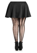 Leg Avenue Harlequin Net Tights 1X 2X Black worn with a black skirt, showcasing the geometric pattern and edgy style.