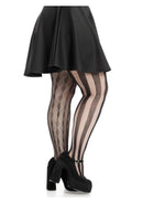 Leg Avenue Harlequin Net Tights 1X 2X Black worn with a black skirt and high heels, showcasing the bold diamond pattern.