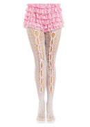 Leg Avenue Sweetheart Striped Net Tights OS White Pink worn with a pink ruffled outfit, showcasing playful striped net design.