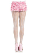 Leg Avenue Sweetheart Striped Net Tights OS White Pink worn with a frilly pink mini skirt and stylish heels.