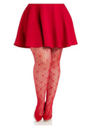 Leg Avenue Love Struck Heart Net Tights 1X 2X Red paired with a red skirt and high heels, showcasing a playful heart design.