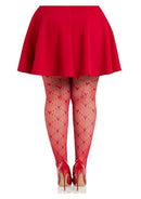 Leg Avenue Love Struck Heart Net Tights 1X 2X Red worn with a red skirt and heels, showcasing heart-patterned design.