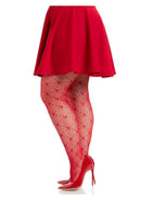 Leg Avenue Love Struck Heart Net Tights 1X 2X Red showcased with a red skirt and high heels, highlighting the heart-patterned design.
