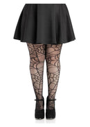 Leg Avenue Spiderweb Net Tights 1X 2X Black worn under a black skirt, showcasing the intricate spiderweb pattern.
