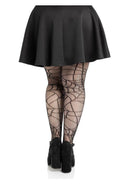 Leg Avenue Spiderweb Net Tights 1X 2X Black worn under a black skirt, showcasing the intricate spiderweb design.