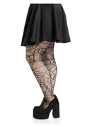 Leg Avenue Spiderweb Net Tights 1X 2X Black worn with a black skirt and chunky heels, showcasing an edgy style.