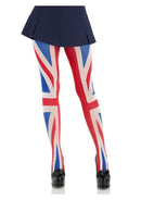 Leg Avenue Union Jack Opaque Tights OS styled with a navy skirt, showcasing the iconic Union Jack design.