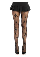 Leg Avenue Star Net Tights OS Black displayed with a black mini skirt, showcasing star-patterned net design.