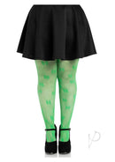 Leg Avenue Clover Net Tights 1X 2X Green paired with a black skirt and heels showcasing vibrant clover design.
