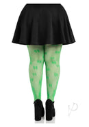 Leg Avenue Clover Net Tights 1X 2X Green displayed with a black skirt and platform heels, showcasing a vibrant clover pattern.