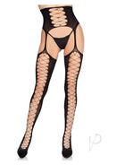 Leg Avenue Opaque Faux Lace-Up Stockings with Garter Belt Black showcasing stylish thigh-high design with faux lace-up detail.