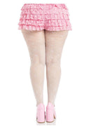 Leg Avenue Love Struck Heart Net Tights 1X 2X White worn with a pink ruffled skirt and pink high heels.