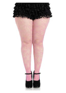 Leg Avenue Bow Net Tights 1X 2X Pink showcased on a model wearing a ruffled black skirt and heels, highlighting the net pattern and bows.