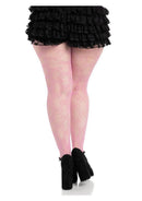 Leg Avenue Bow Net Tights 1X 2X Pink worn with a ruffled black skirt and high heels from the back.