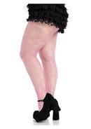 Leg Avenue Bow Net Tights 1X 2X Pink paired with a black ruffled skirt and black heels, showcasing a cute net and bow design.