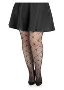 Leg Avenue Love Struck Heart Net Tights 1X 2X Black worn with a black skirt, featuring an all-over heart net pattern.
