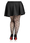 Leg Avenue Love Struck Heart Net Tights 1X 2X Black worn under a black skirt and high heels.