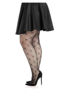 Leg Avenue Love Struck Heart Net Tights 1X 2X Black worn with a black skirt and heels, showcasing flirty heart pattern.
