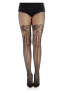 Leg Avenue Illusion Lace Top Net Striped Tights OS Black showcasing a stylish striped net design with lace top detail.