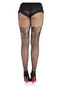 Leg Avenue Illusion Lace Top Net Striped Tights OS Black displayed on model's legs from the back with high heels.