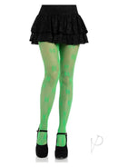 Model wearing Leg Avenue Clover Net Tights OS Green with a black ruffled skirt and high heels.