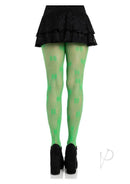 Leg Avenue Clover Net Tights OS Green worn with a black skirt, showcasing vibrant green clover design.