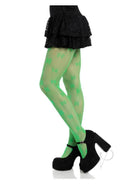 Leg Avenue Clover Net Tights OS Green displayed on a model wearing a black skirt and high heels, showcasing unique clover pattern.