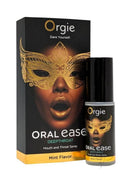 Orgie Oral Ease Deepthroat Spray Mint 0.5 Oz packaging and product display with mint flavor.
