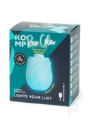 Romp Rose Glow-In-The-Dark Air Clitoral Stimulator Blue packaging showcasing a modern design and features.