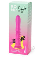 Romp Jiggle Thrusting Vibrating Dildo with Suction Cup Pink packaging featuring a sleek pink vibrator.