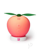Romp Pink Peach Rechargeable Silicone Vibrator in peach shape with green leaf on base.