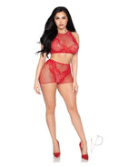 Leg Avenue Net & Lace Crop Top Matching Boy Shorts 2 Pc OS Red worn by a model, showcasing stylish and comfortable lingerie.