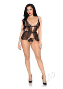 Leg Avenue Scalloped Lace Babydoll & Crotchless Panty Medium displayed on model wearing black lingerie and heels.