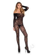 Leg Avenue Lace Lingerie Jumpsuit OS Black worn by model, showcasing its sleek design and form-fitting silhouette.